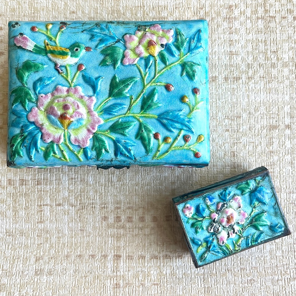 Antique Chinese Enamel Box Hand Painted Floral Cigarette Box Matchbook Holder